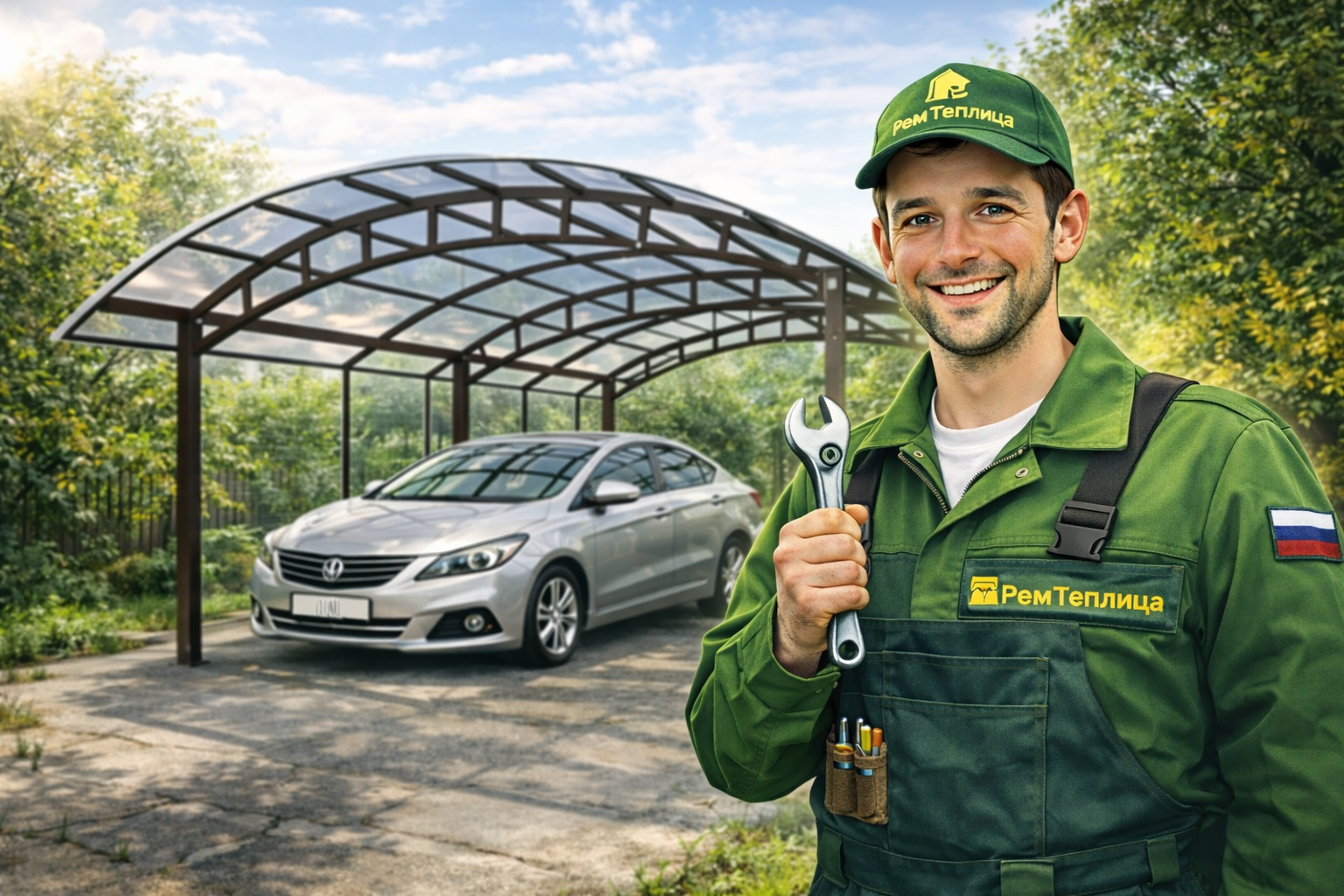 Мастер ремонтирует навес из поликарбоната